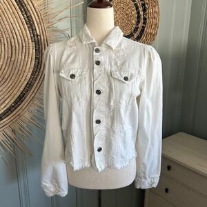 Elan Distressed Fitted White Denim Short Jacket Puff Sleeve Frayed Hem Size M